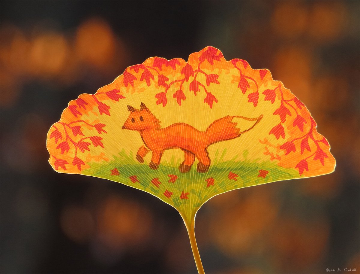 An orange fox running through grass beneath autumn branches, drawn on a backlit yellow-orange ginkgo leaf, by Sera Autumn