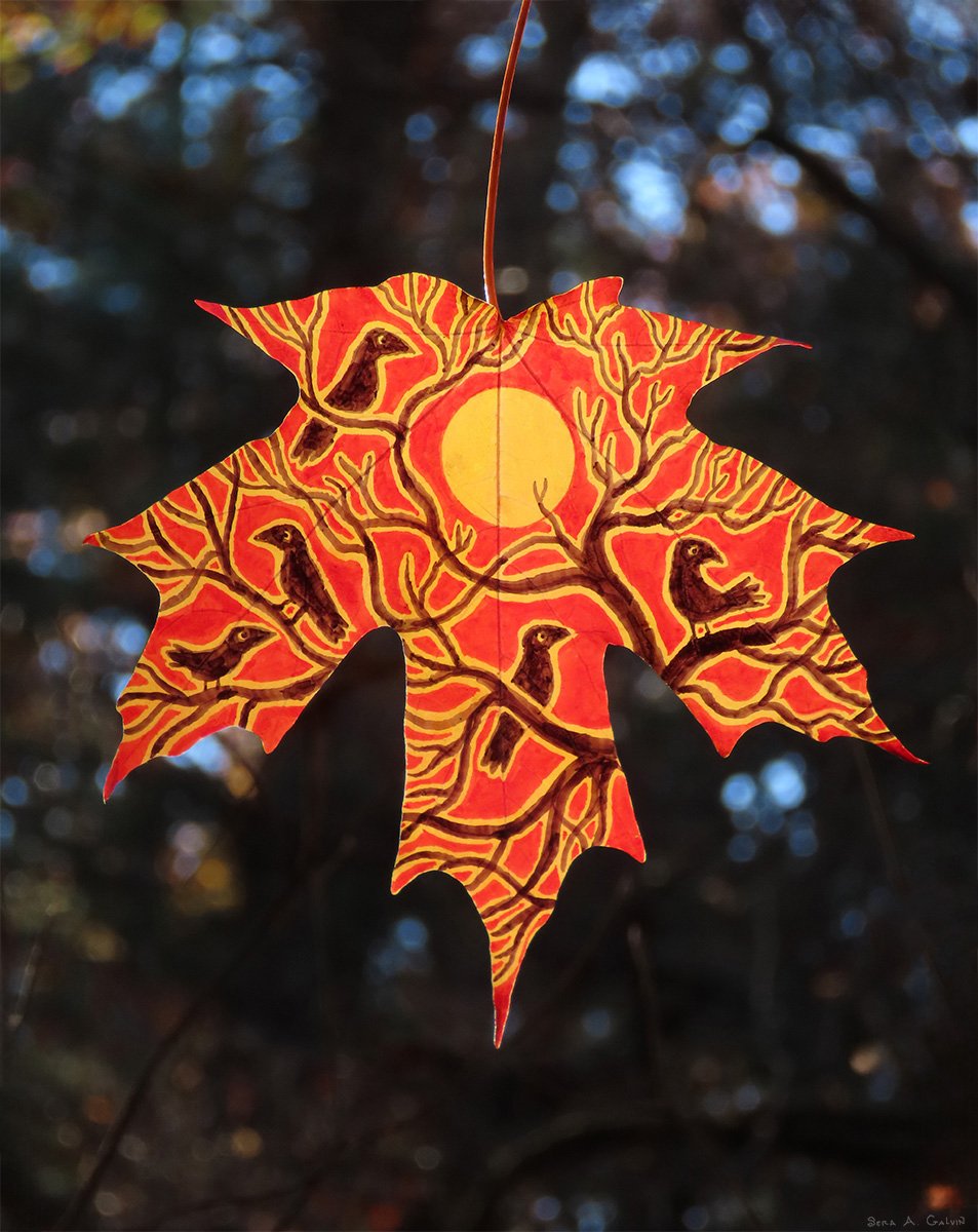 Five dark crows perched in bare branches around a glowing yellow sun on a red maple leaf, by Sera Autumn