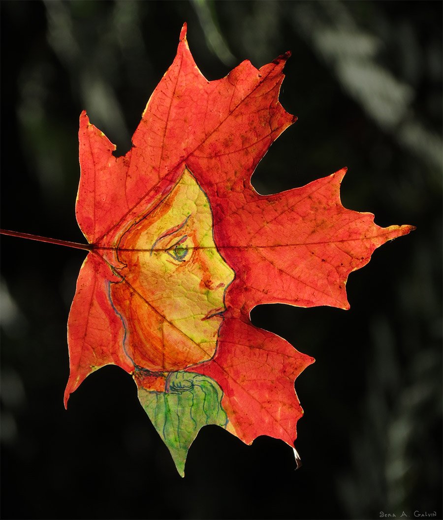 A somber girl's face in profile drawn in yellow and green on a vivid red maple leaf against dark background, by Sera Autumn