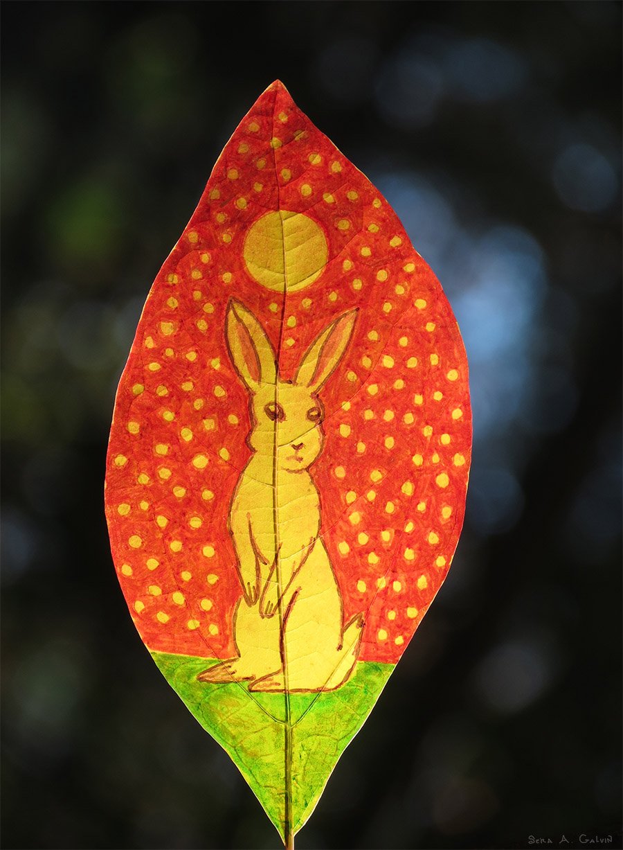 A pale rabbit sitting upright beneath a golden moon on a red polka-dotted leaf with a green base, against dark bokeh, by Sera Autumn