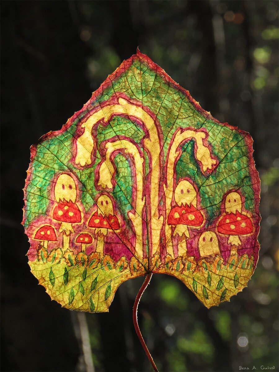 Ghosts and red white-spotted toadstools among grass on a green and magenta leaf, against dark forest, by Sera Autumn