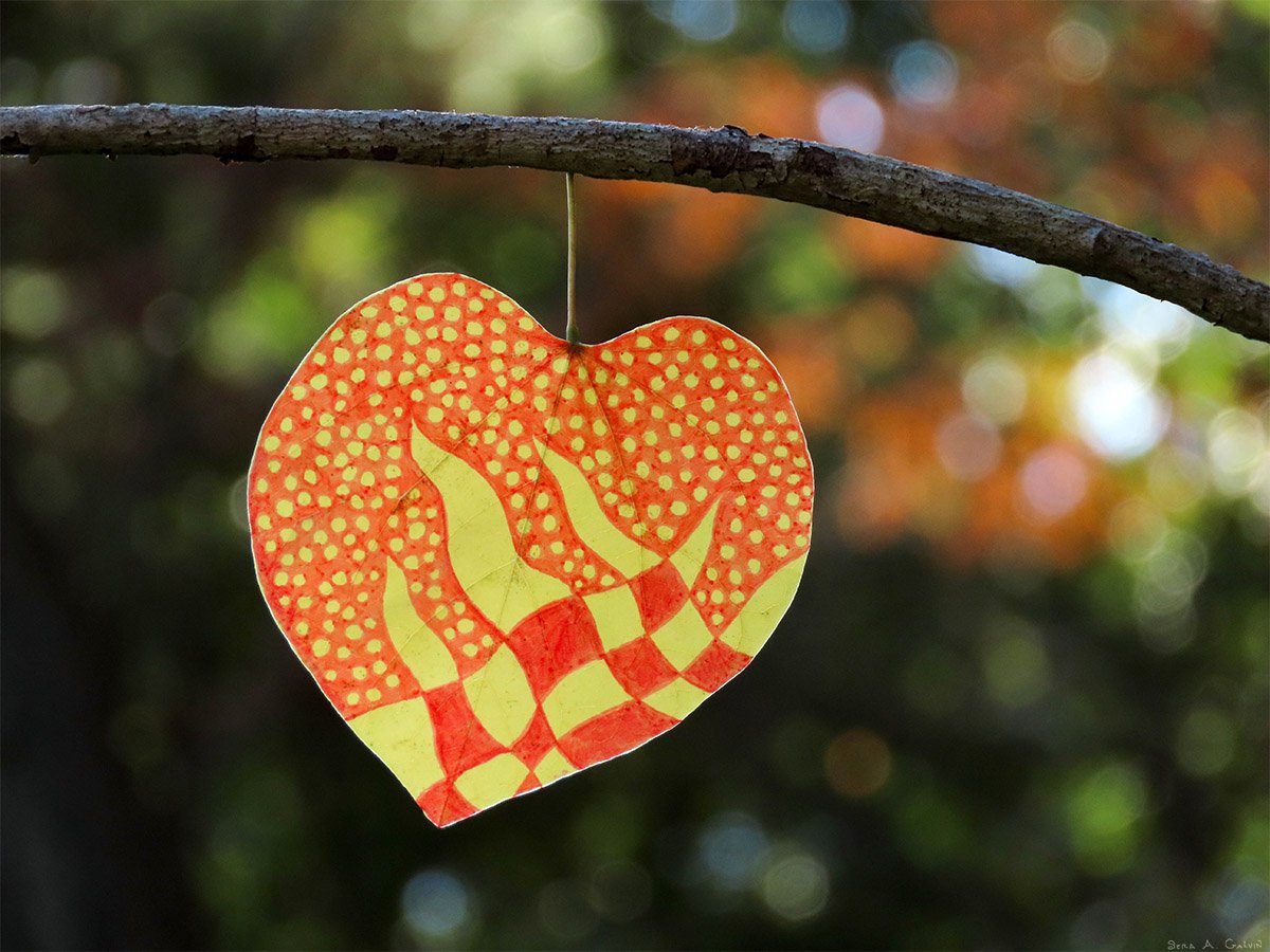 A heart-shaped leaf drawn with orange dots and yellow flame and checkerboard shapes, hanging from a branch over autumn bokeh, by Sera Autumn