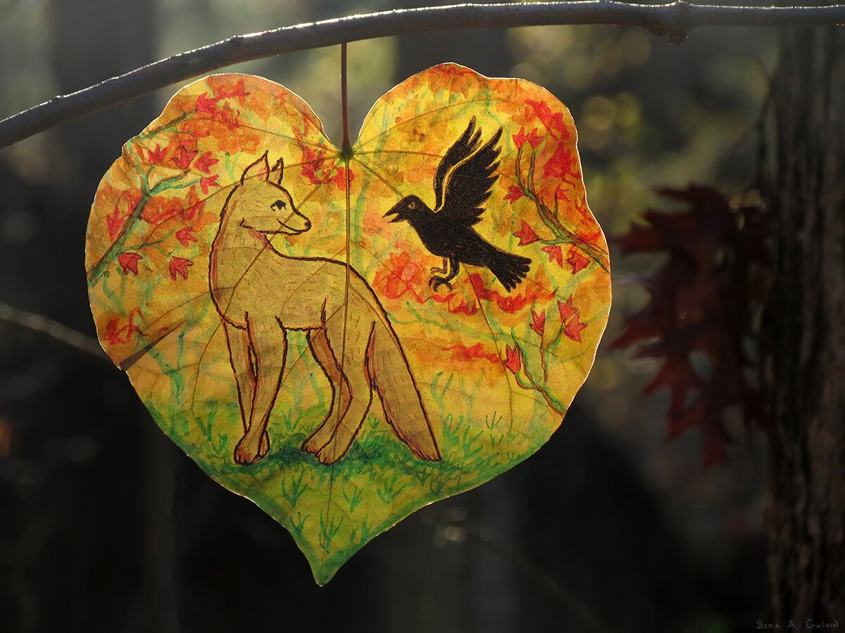 A pale fox facing a black crow in flight amid red autumn foliage, drawn on a golden heart-shaped leaf backlit in the forest, by Sera Autumn