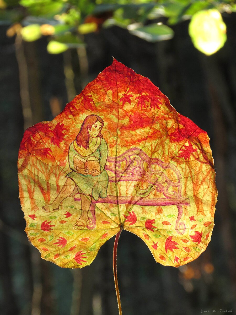 A red-haired girl in green reading a book on an ornate bench with a small bird, drawn amid autumn foliage on a red and gold heart-shaped leaf, by Sera Autumn