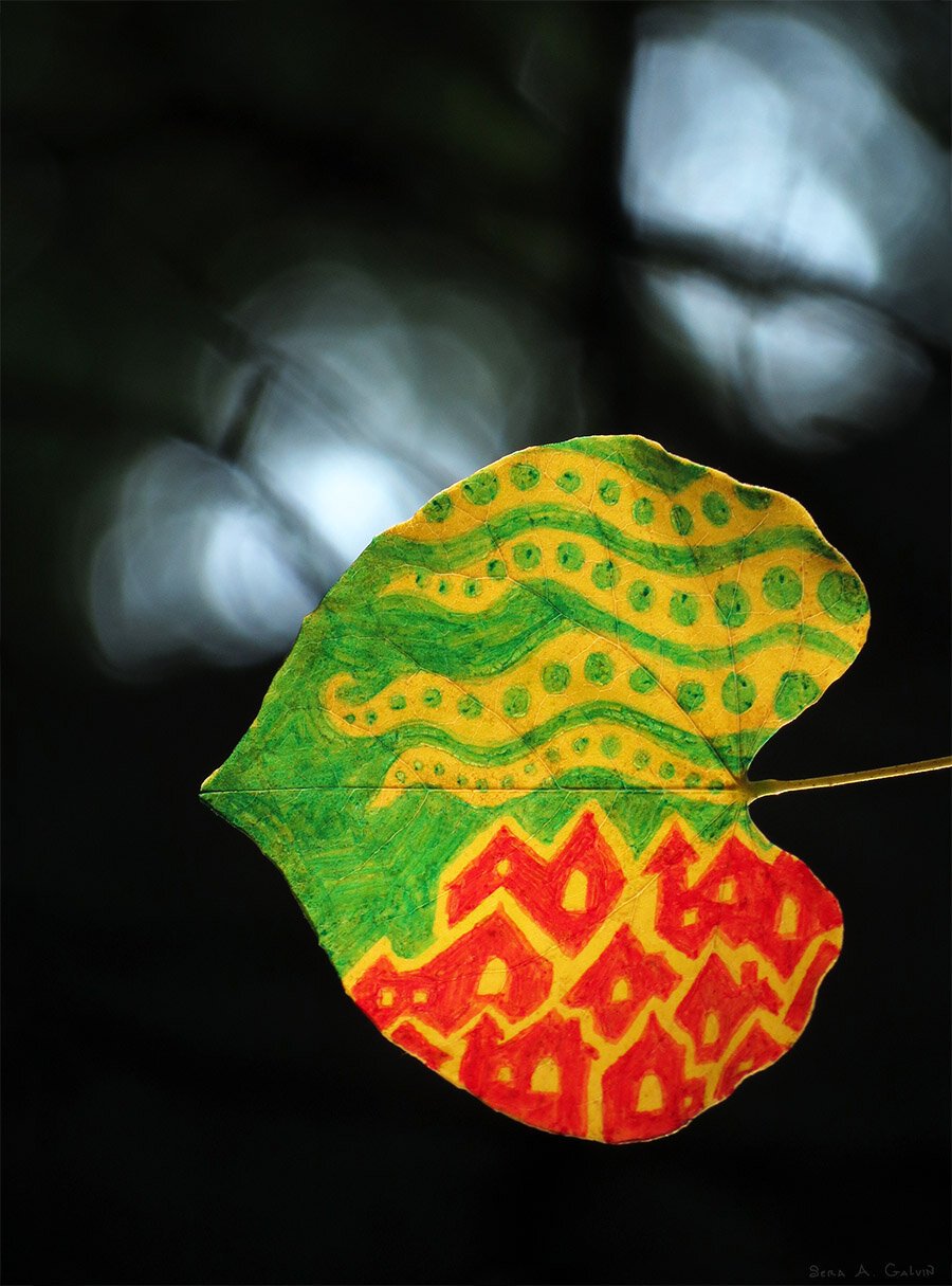 A patterned leaf with green wavy dots above rows of red-outlined houses, on a heart-shaped leaf against dark bokeh, by Sera Autumn