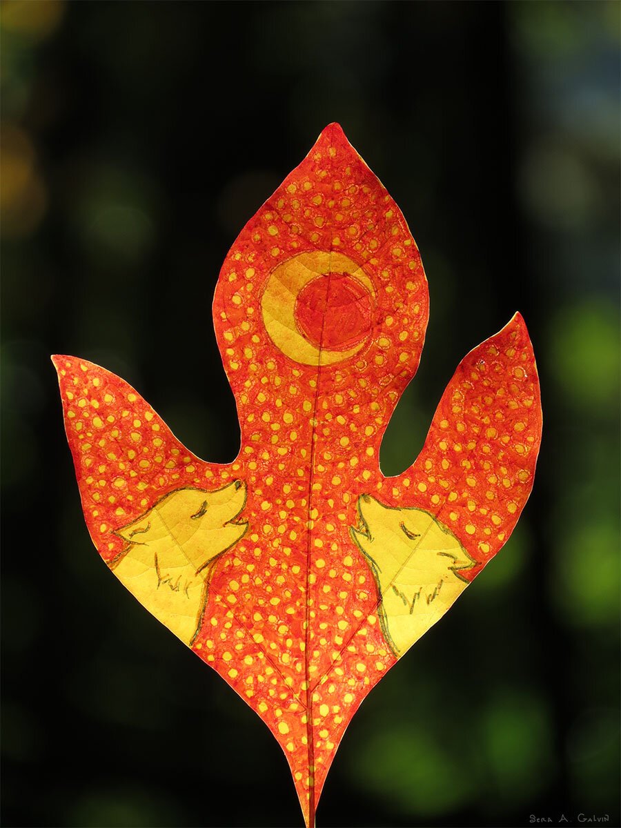 Two golden wolves howl toward a crescent moon on a red-orange sassafras leaf speckled with yellow dots, against dark forest bokeh, by Sera Autumn