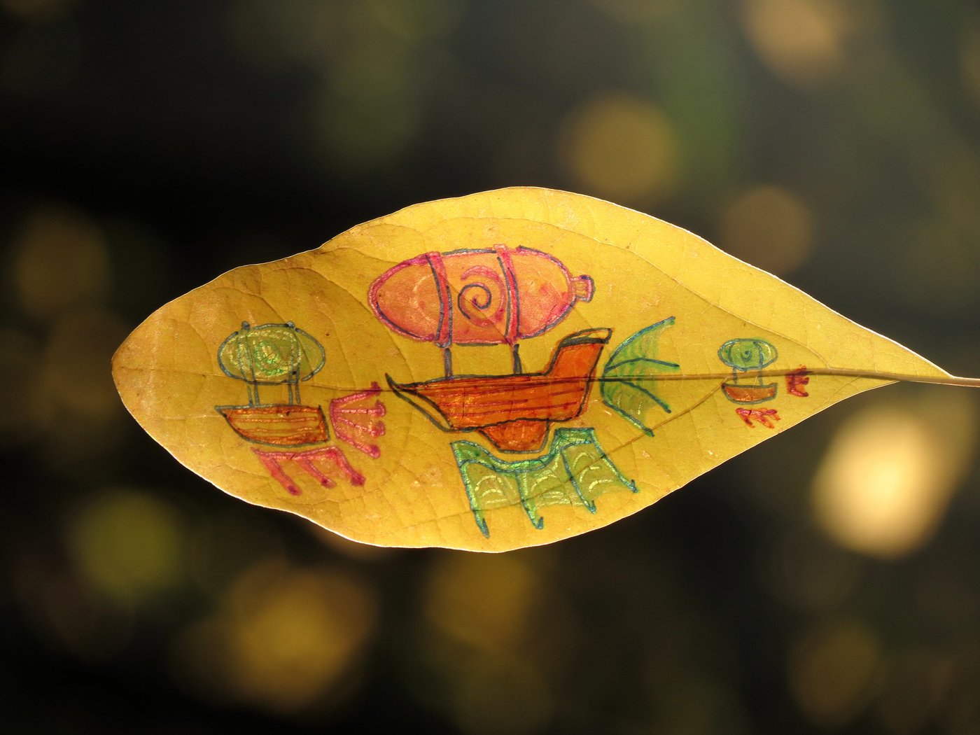 A whimsical fleet of airships and flying boats in orange, pink and green drawn on a golden leaf against dark bokeh, by Sera Autumn