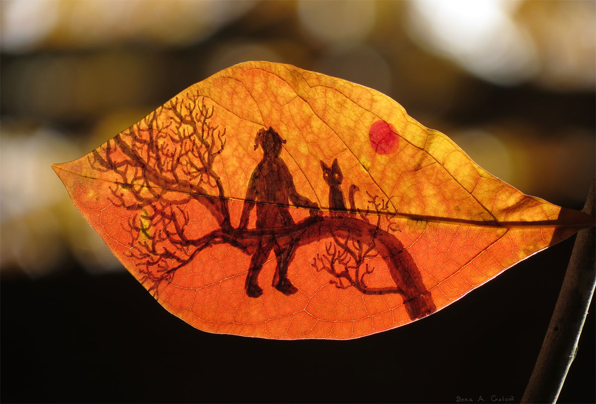 Silhouette of a girl and a cat sitting on a bare tree branch beneath a red sun, drawn on a glowing orange leaf, by Sera Autumn