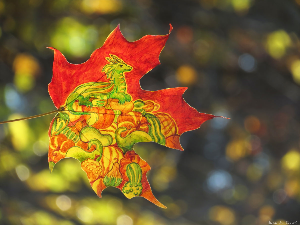 A green dragon perched atop a hoard of pumpkins and gourds on a red maple leaf against golden autumn bokeh, by Sera Autumn