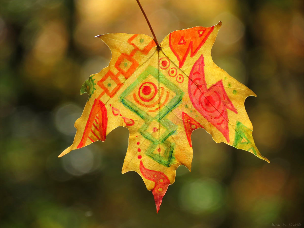 Colorful tribal geometric patterns in red, orange and green drawn on a yellow maple leaf against forest bokeh, by Sera Autumn