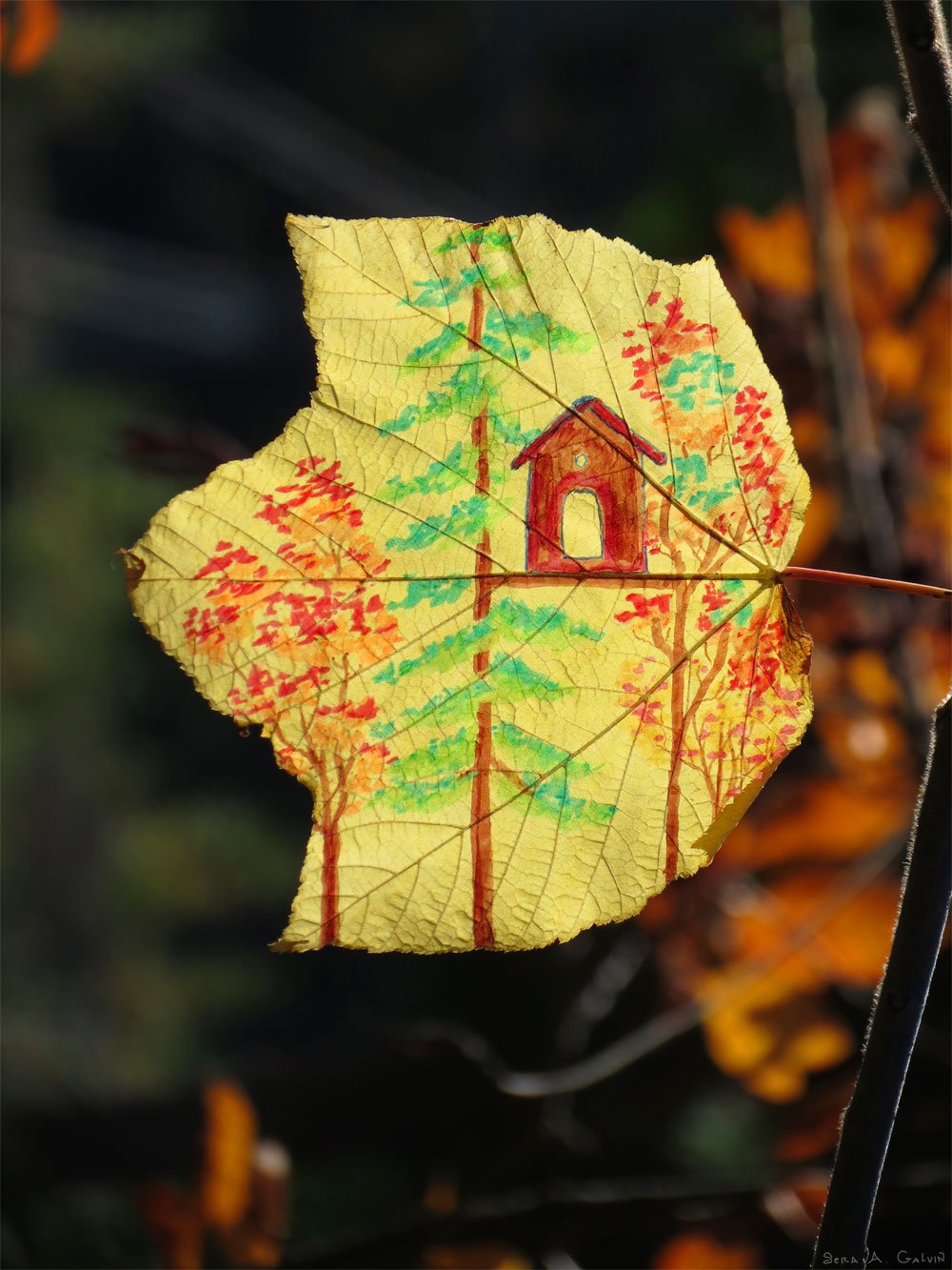 A treehouse nestled among green pines and red autumn trees, drawn on a yellow leaf against dark forest, by Sera Autumn