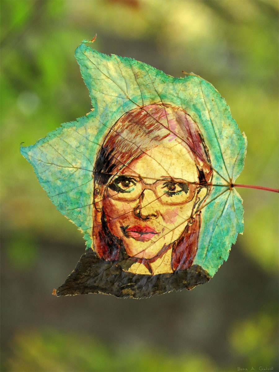 A portrait of Carrie Fisher on a teal-and-gold leaf against green bokeh, by Sera Autumn