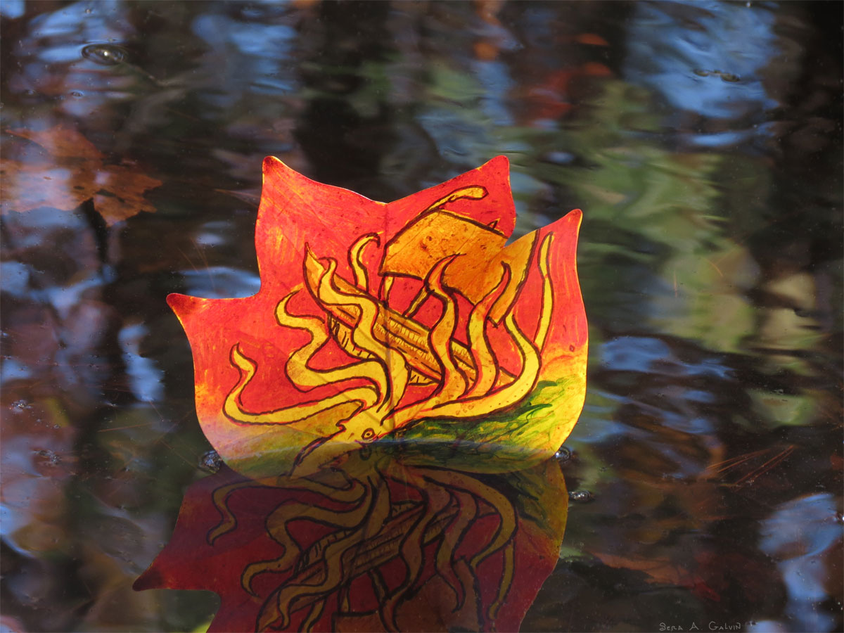A yellow-and-orange octopus with curling tentacles drawn on a red maple leaf floating on dark reflective water, by Sera Autumn