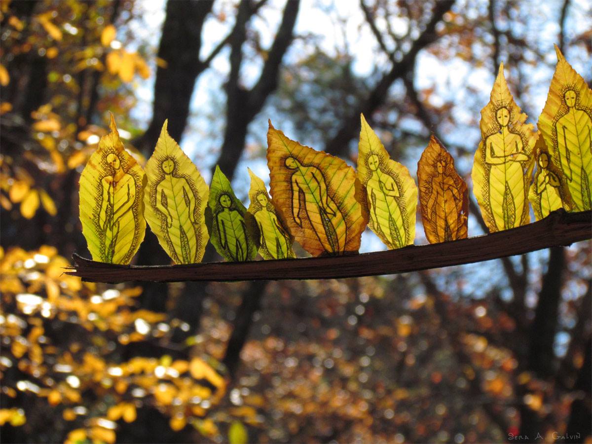 A row of standing figures drawn on elongated yellow and green leaves lined along a twig, backlit by sunlit autumn forest, by Sera Autumn