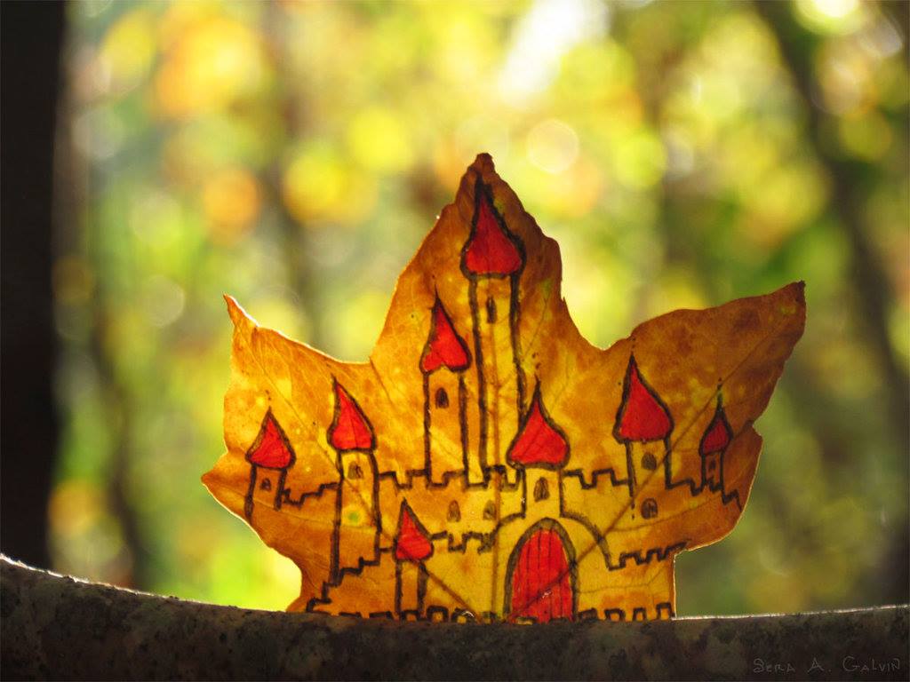 A fairytale castle with red-roofed turrets drawn on a golden maple leaf, against soft green and yellow forest bokeh, by Sera Autumn
