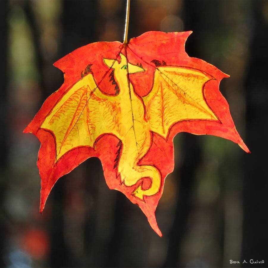 A winged dragon drawn in yellow and orange on a red maple leaf, backlit against a dark blurred forest, by Sera Autumn