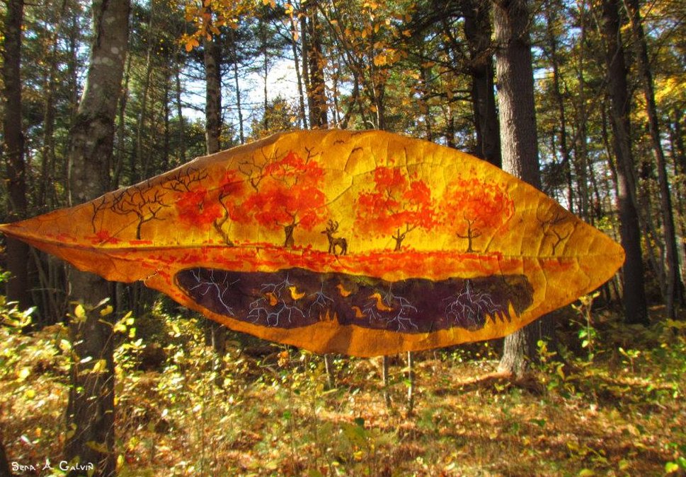 An autumn forest scene of orange trees, a deer, and roots reflected in water, drawn on a large golden leaf held up in the woods, by Sera Autumn