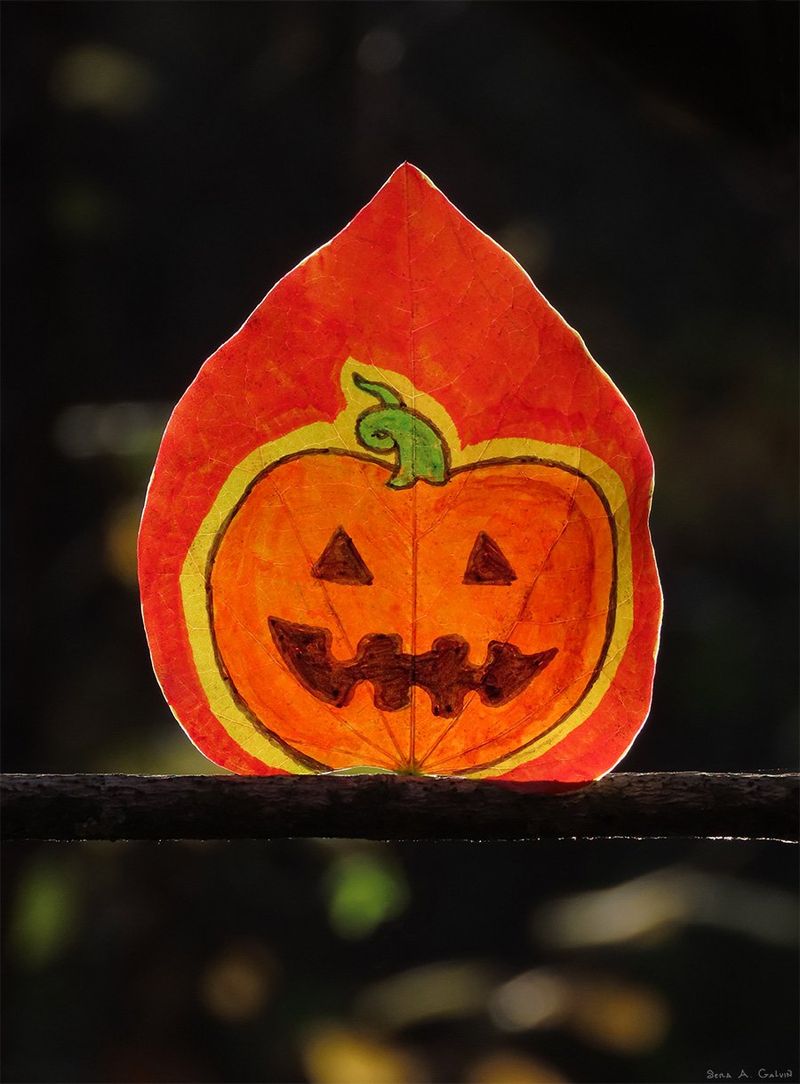 A grinning orange jack-o'-lantern pumpkin drawn on a red heart-shaped redbud leaf against dark bokeh, by Sera Autumn
