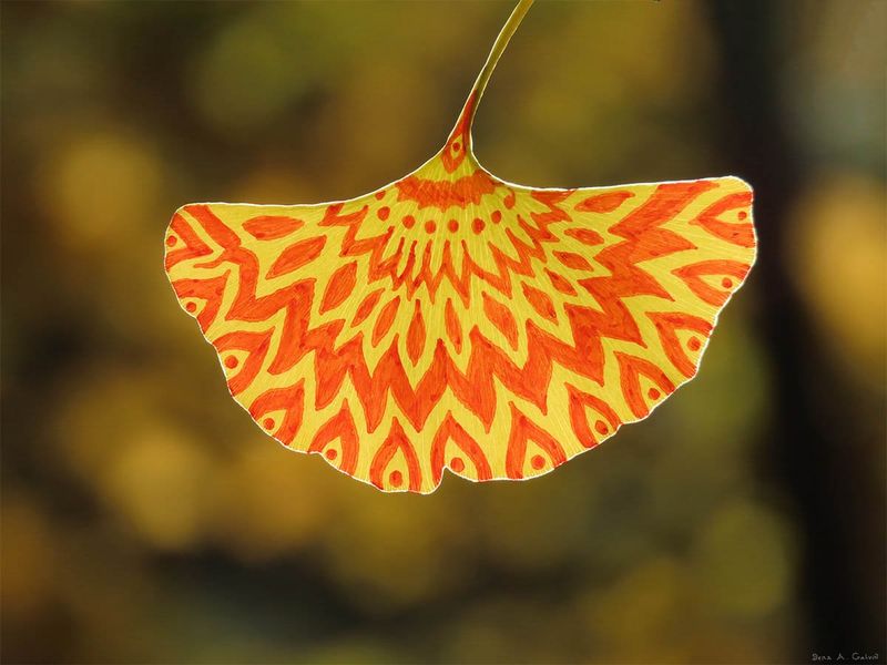 A radiating orange-and-yellow flame-like mandala pattern drawn across a backlit ginkgo leaf, by Sera Autumn