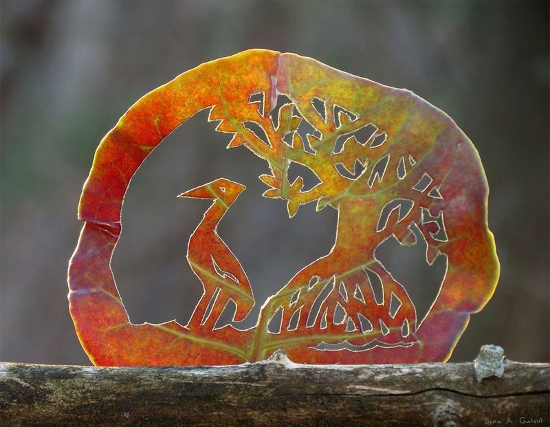 A red-orange leaf intricately cut to show a heron standing beside a mangrove tree, perched on a log against soft grey forest, by Sera Autumn