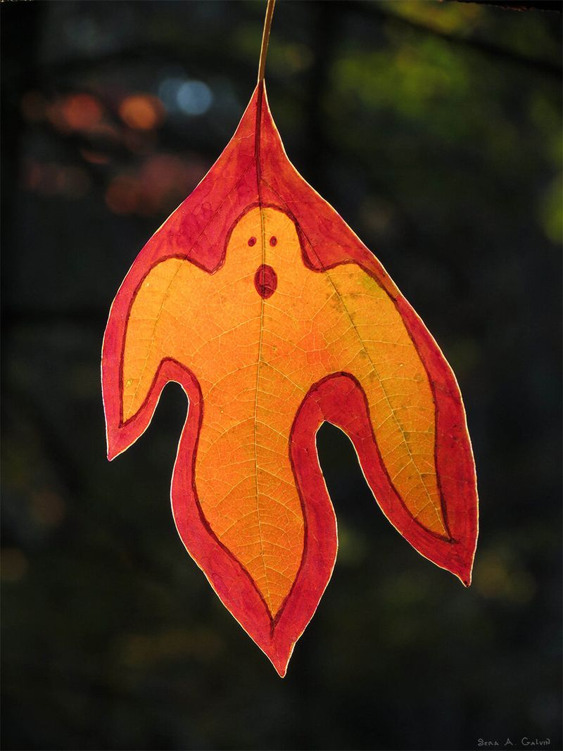 A wide-eyed ghost with an open mouth outlined in red on an orange lobed leaf, backlit against dark bokeh, by Sera Autumn