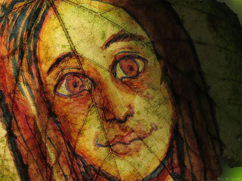 A young woman's wistful face with flowing dark hair, hand-drawn on a translucent green autumn leaf, by Sera Autumn