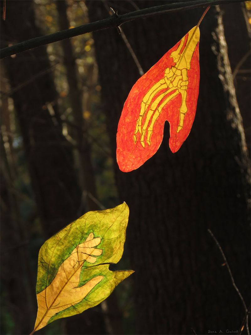 A skeletal hand on a red leaf reaching toward a fleshy hand on a green leaf, in a dark forest, by Sera Autumn