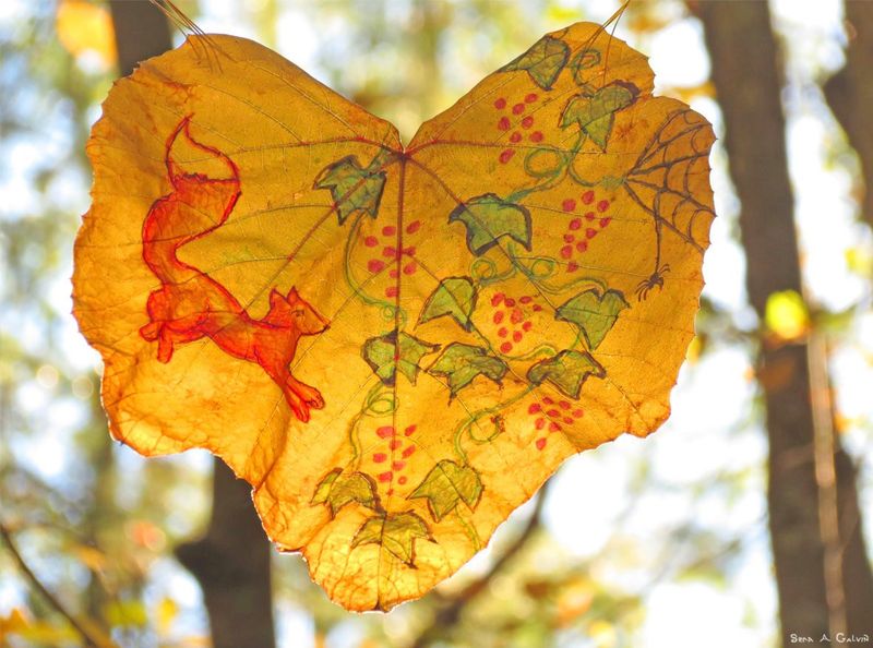 A leaping red fox, green ivy vines with grapes, and a corner spiderweb drawn on a backlit golden heart-shaped leaf, by Sera Autumn
