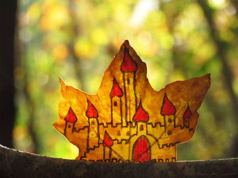 A fairytale castle with red-roofed turrets drawn on a golden maple leaf, against soft green and yellow forest bokeh, by Sera Autumn